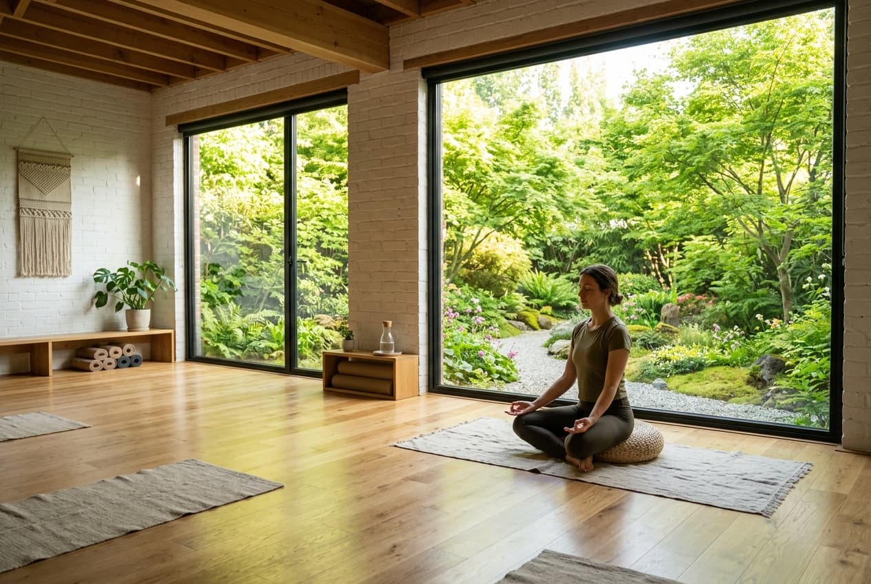 A serene wide-angle shot of a minimalist, sun-drenched yoga studio with large windows overlooking a lush green garden. A solitary practitioner is in a peaceful lotus pose, bathed in soft morning light.